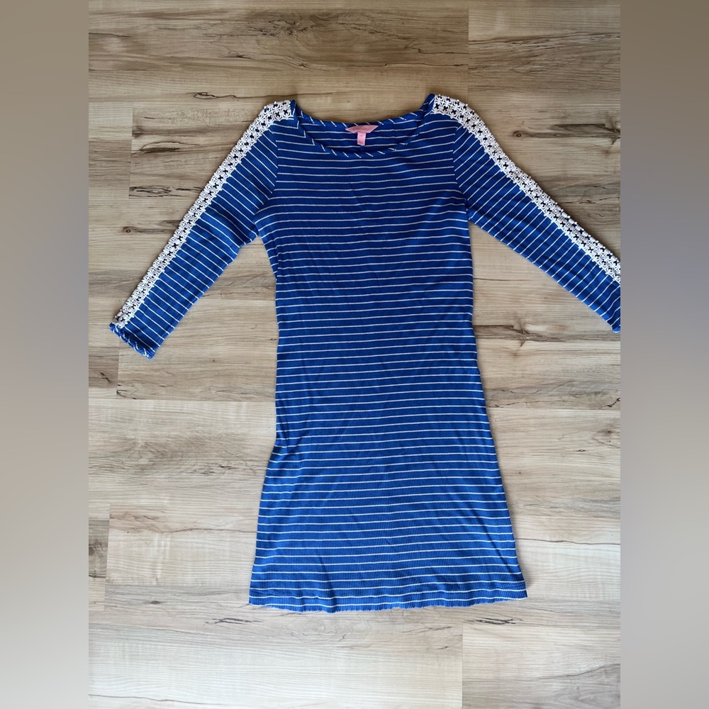 Lilly Pulitzer Marlowe Dress Beckon Blue Breeze Stripe Ribbed, Lace Medium